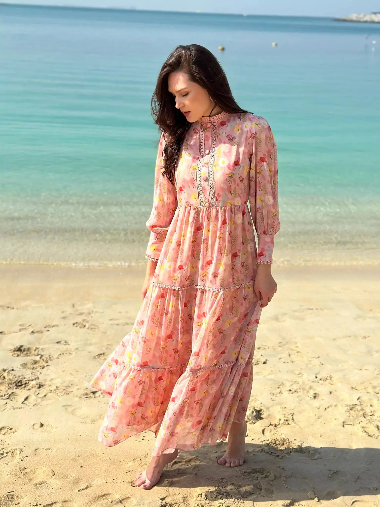Hannah Lace Pastel Pink Floral Long Dress