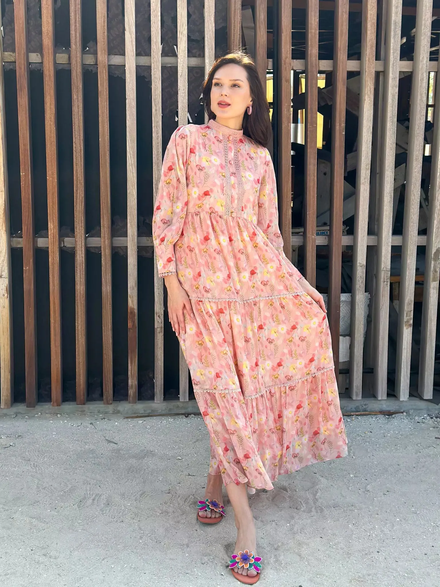 Hannah Lace Pastel Pink Floral Long Dress