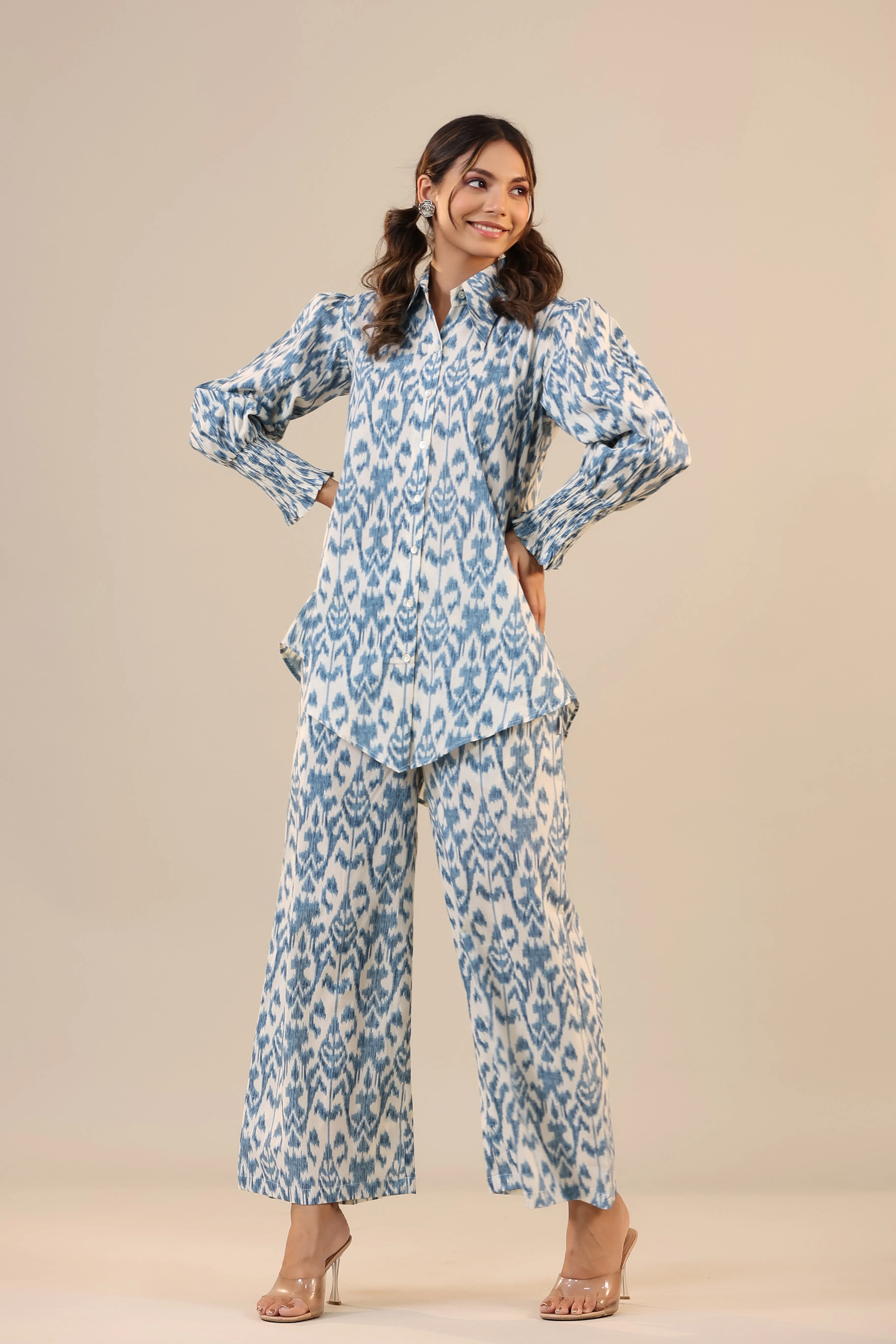 Ikat on Off White Cotton Collared Co ord Set