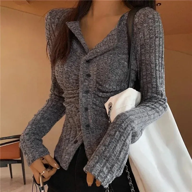 Korean New Knit Cardigan Women Y2k Clothes V Lapel Long Sleeve Knitted  Jumper  Collar Sweater Coat Vintage Slim Cardigan
