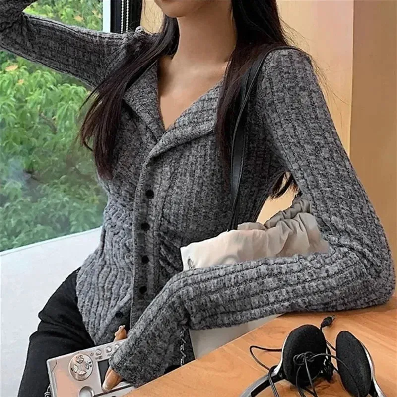Korean New Knit Cardigan Women Y2k Clothes V Lapel Long Sleeve Knitted  Jumper  Collar Sweater Coat Vintage Slim Cardigan