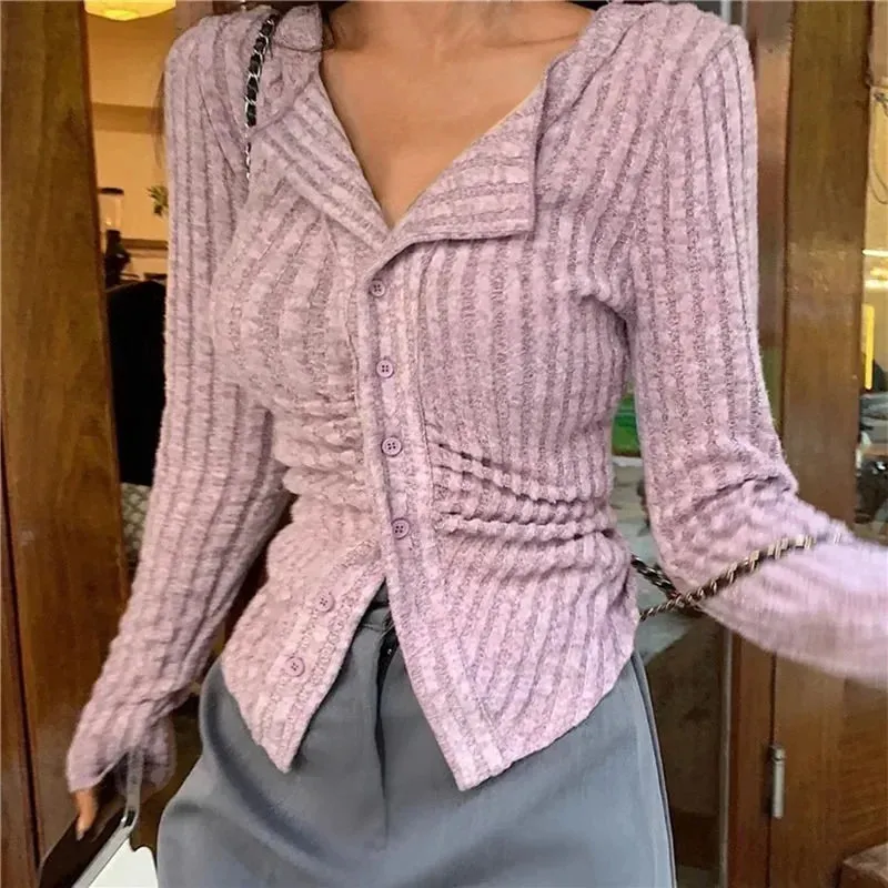 Korean New Knit Cardigan Women Y2k Clothes V Lapel Long Sleeve Knitted  Jumper  Collar Sweater Coat Vintage Slim Cardigan