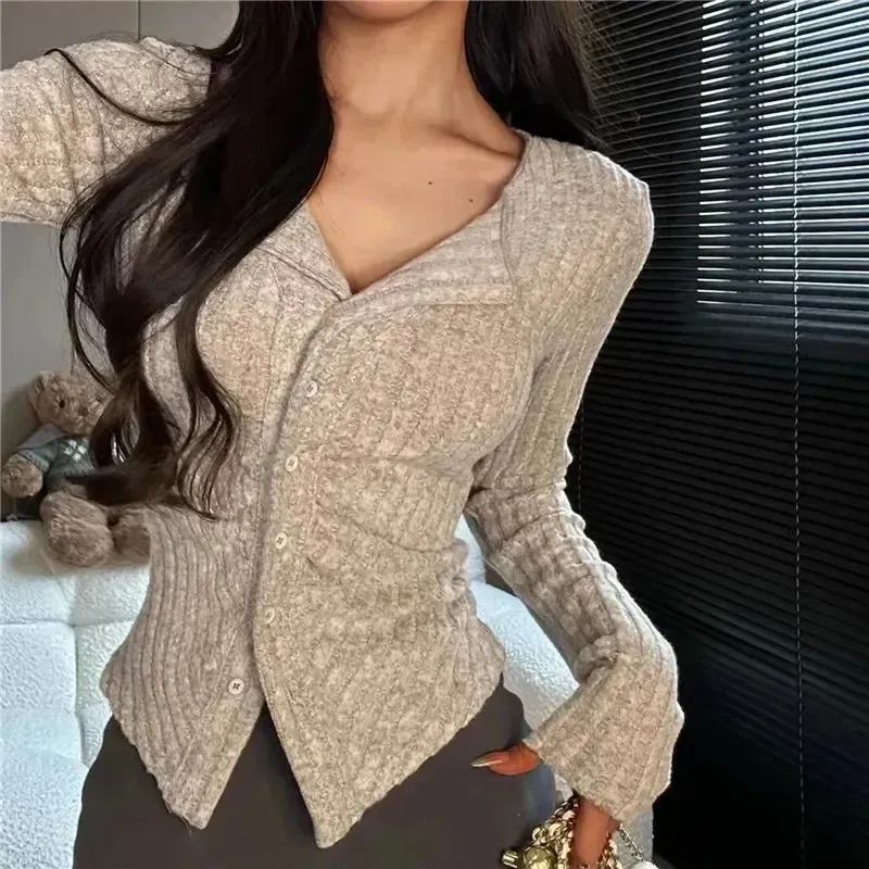 Korean New Knit Cardigan Women Y2k Clothes V Lapel Long Sleeve Knitted  Jumper  Collar Sweater Coat Vintage Slim Cardigan