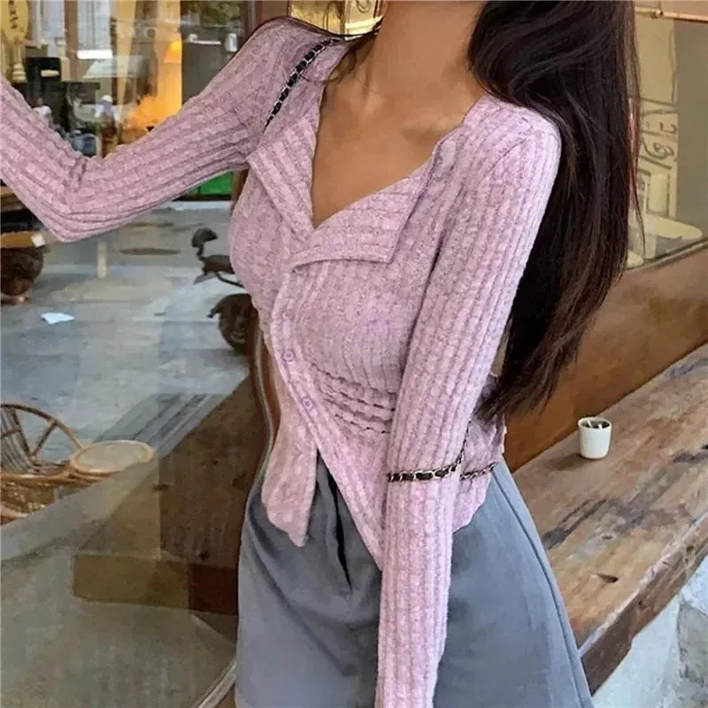 Korean New Knit Cardigan Women Y2k Clothes V Lapel Long Sleeve Knitted  Jumper  Collar Sweater Coat Vintage Slim Cardigan