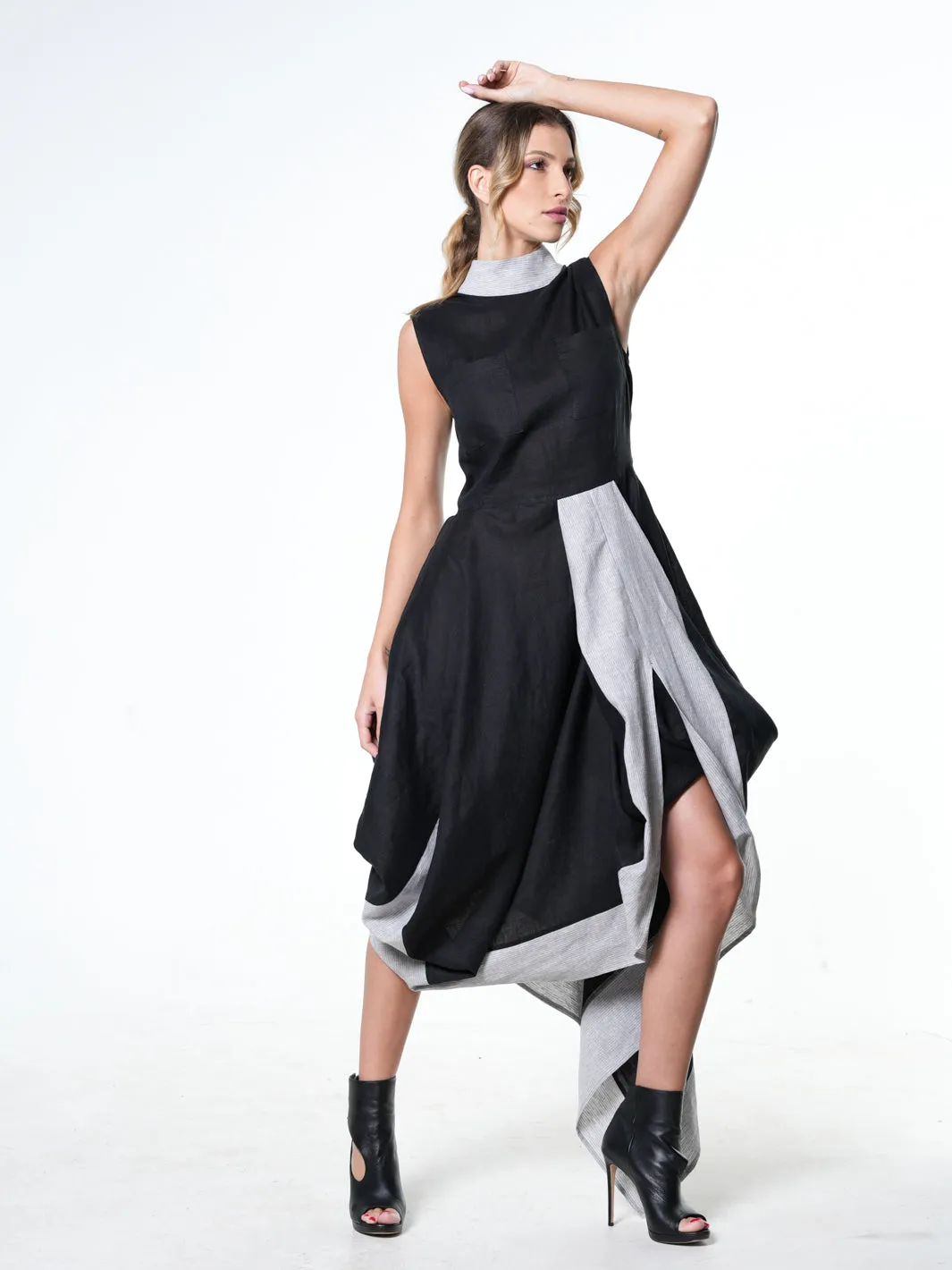 Long Linen Dress In Black and Gray