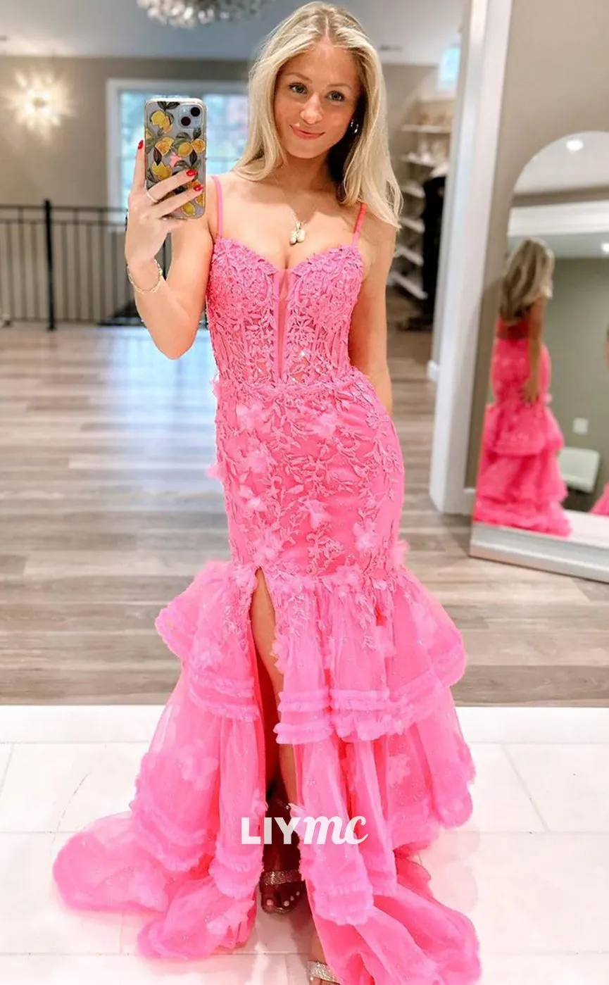 LP1308 - Sweetheart Spaghetti Straps Flower Appliques Bodice Mermaid Prom Dress