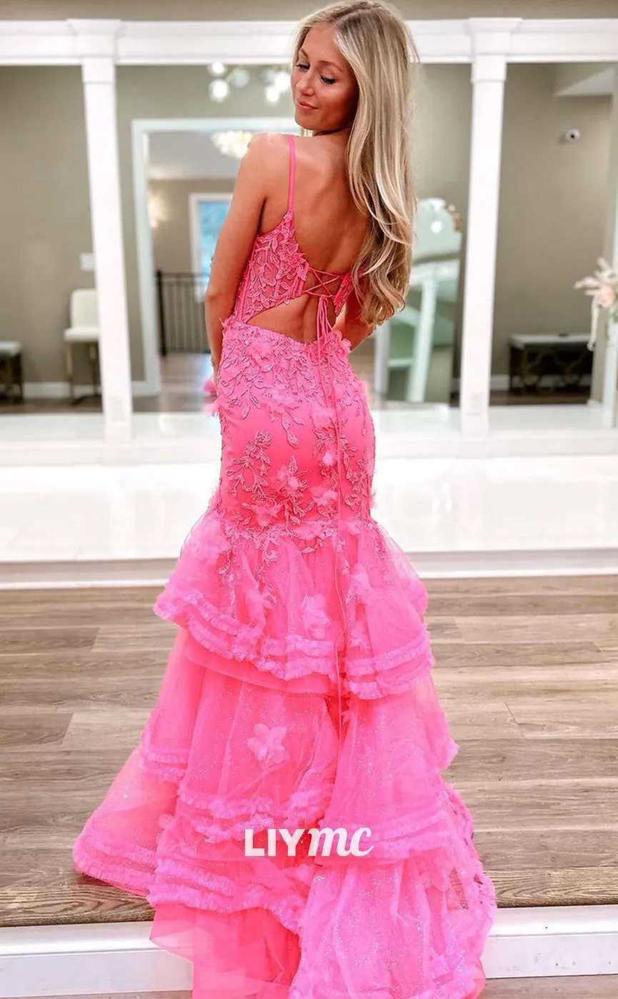 LP1308 - Sweetheart Spaghetti Straps Flower Appliques Bodice Mermaid Prom Dress