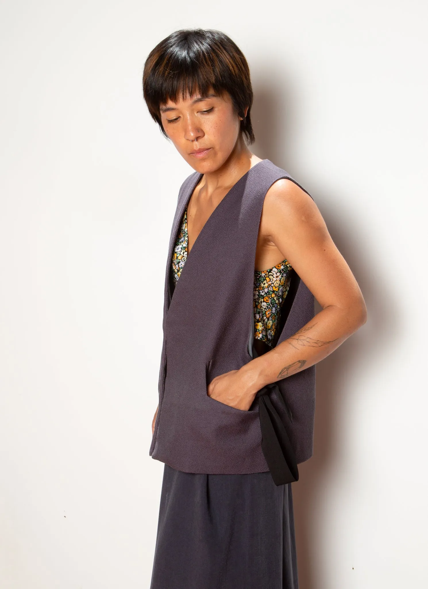 Piece of Vein One-Button Vest w/ Tie in Charcoal Grey