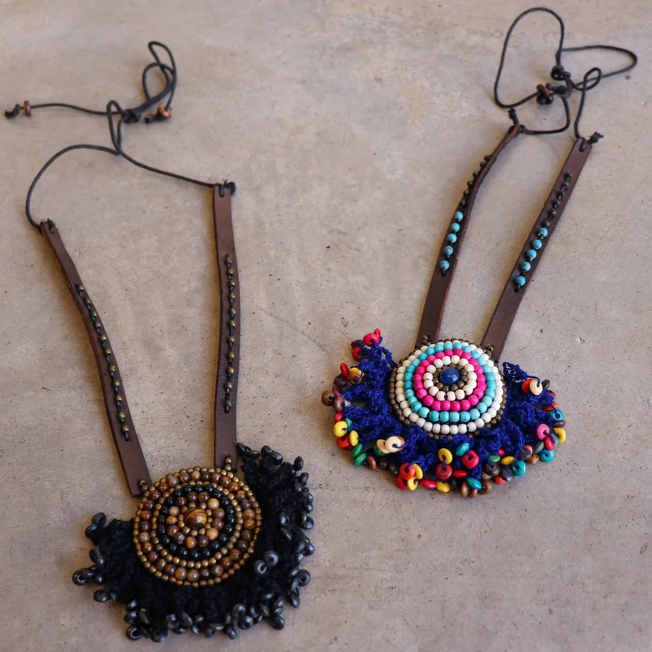 Tribal Pendant Leather   Crochet Necklace