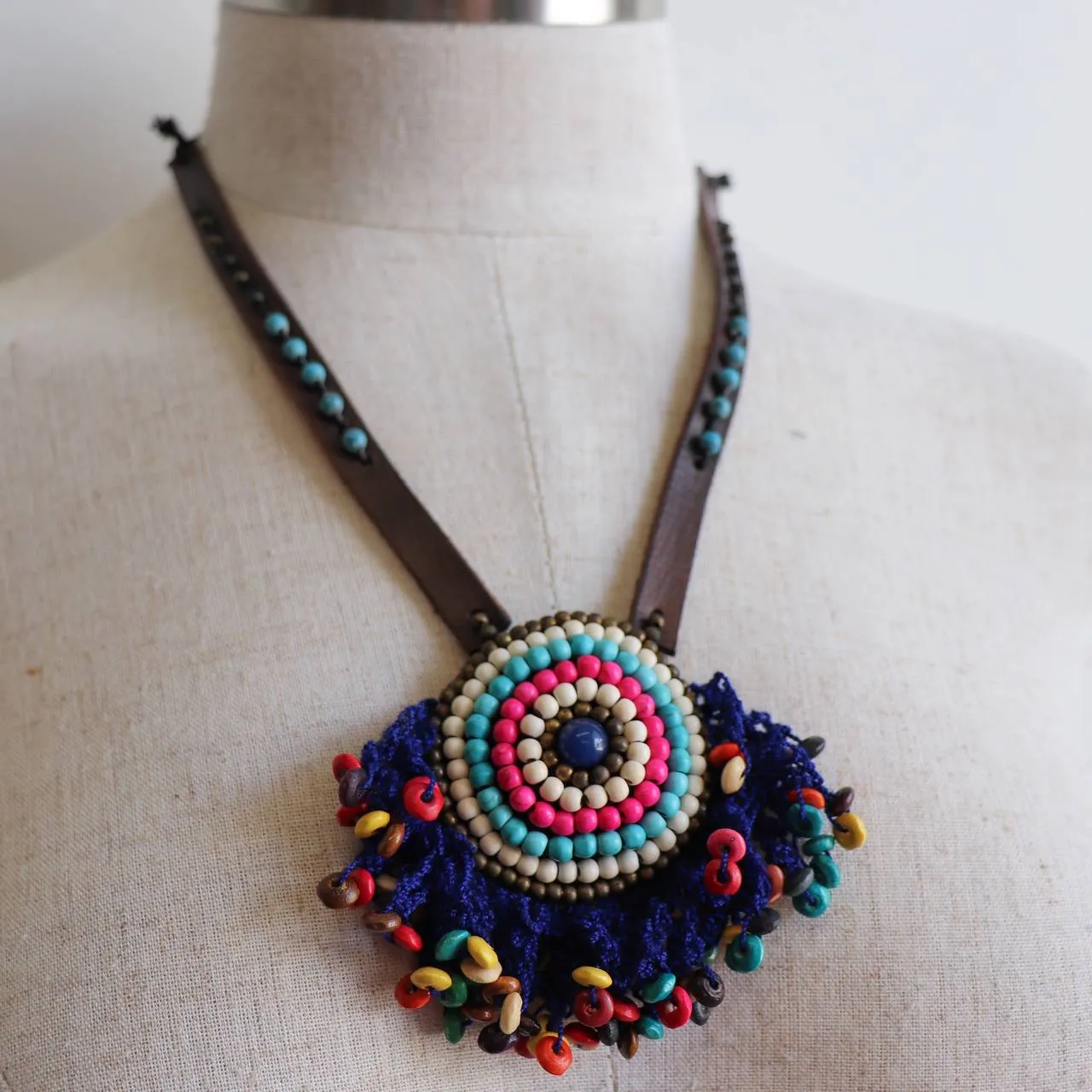 Tribal Pendant Leather   Crochet Necklace