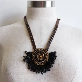 Tribal Pendant Leather   Crochet Necklace