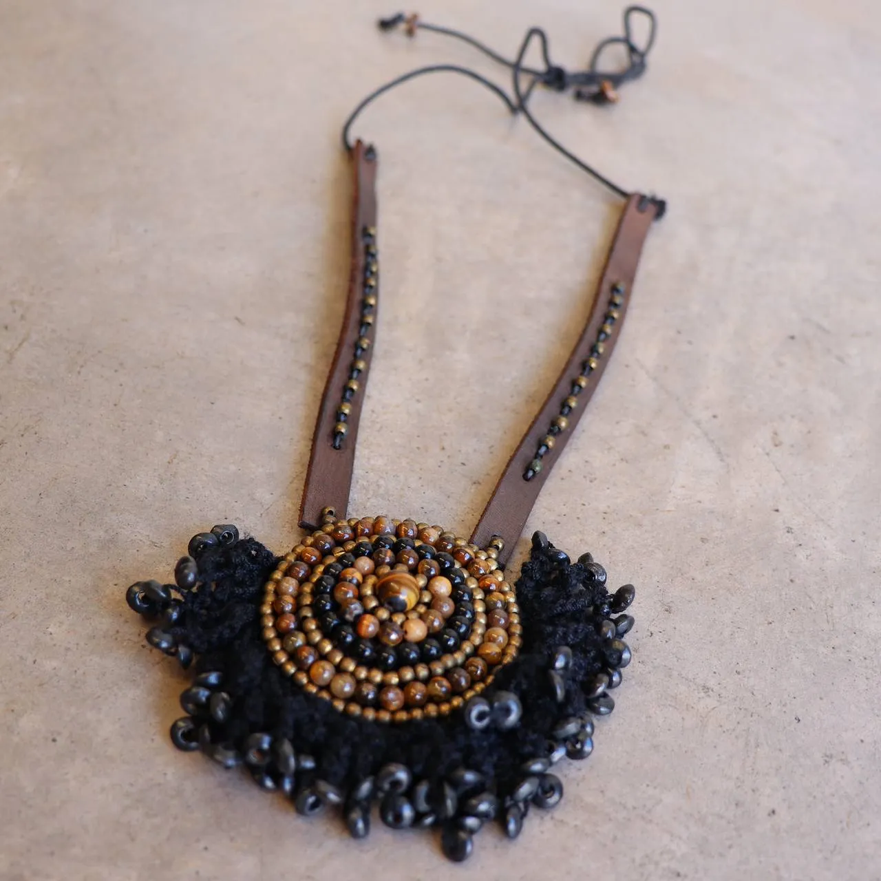 Tribal Pendant Leather   Crochet Necklace