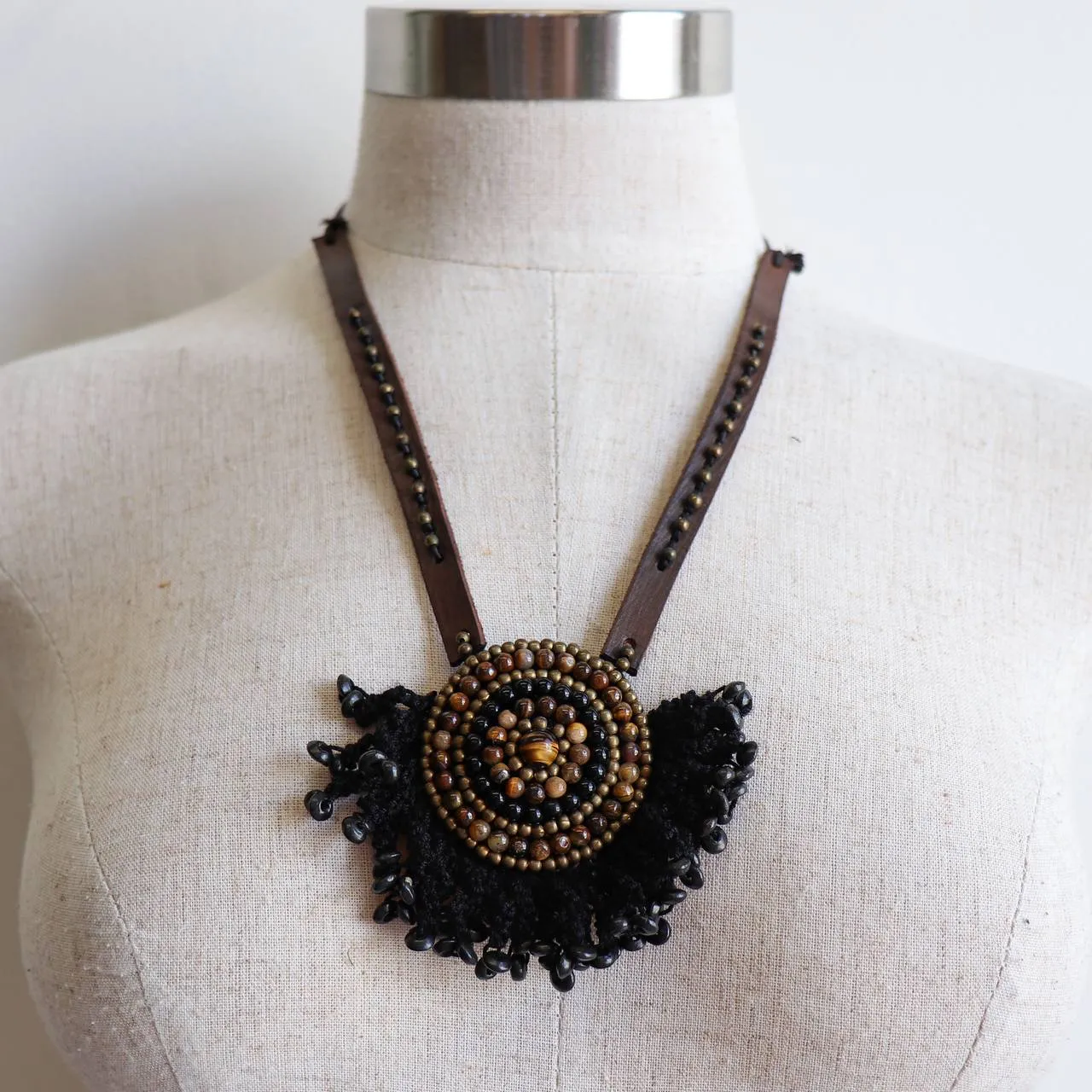 Tribal Pendant Leather   Crochet Necklace