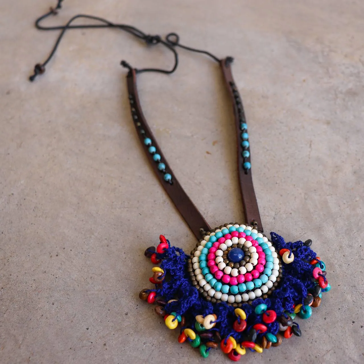 Tribal Pendant Leather   Crochet Necklace