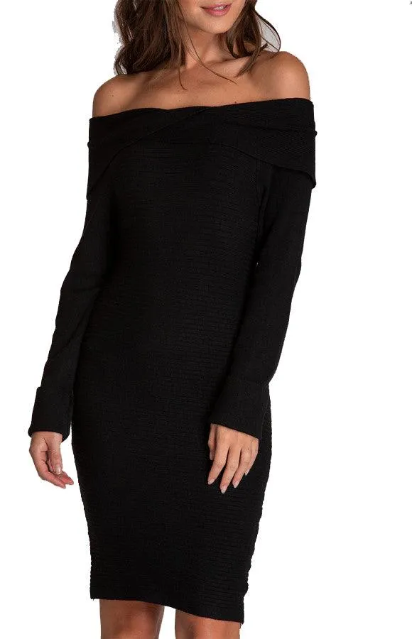 Women’s Black Off Shoulder Fitted Knit Sweater Dress